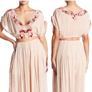 FREE PEOPLE Santoshi Embroidered Crop Top and Wide Leg Pants Set Beige Size 2